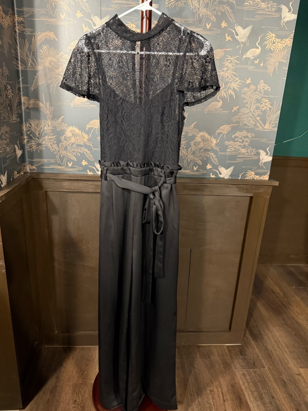 Nine West Black Lace Bodice Wide-Leg Jumpsuit with Tie Waist